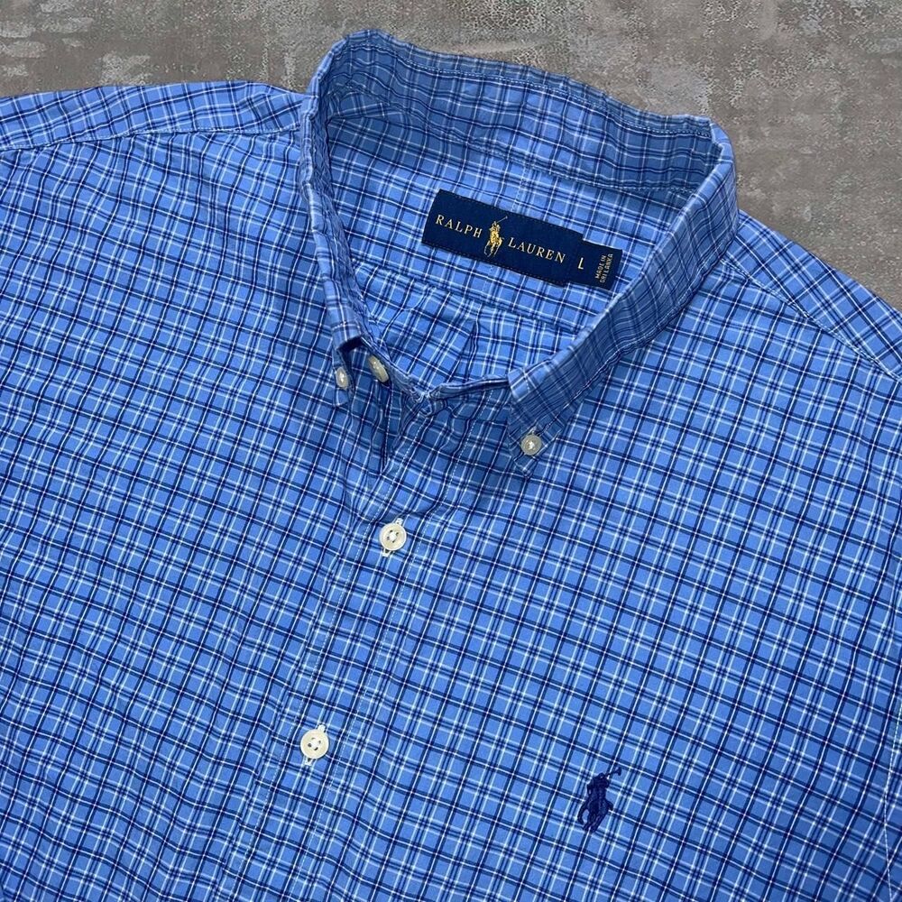 Polo Ralph Lauren Men's L Blue Plaid Button Down Shirt Long Sleeve Regular Fit